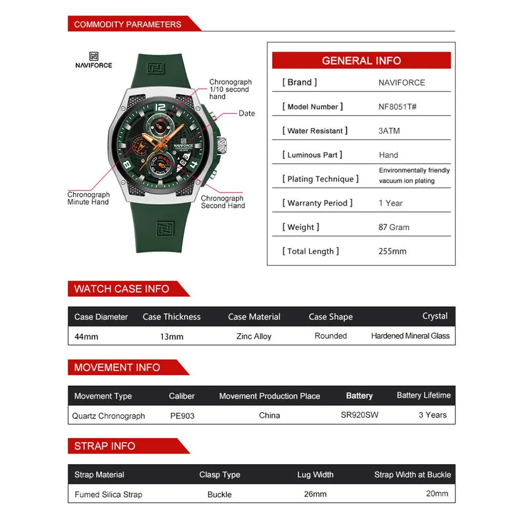 Ảnh Naviforce Chronograph Đồng hồ đeo tay Thương hiệu hàng đầu Thể thao sang trọng Đồng hồ nam quân đội Ngày tự động thạch anh Chống nước Đồng hồ nam nguyên bản 2