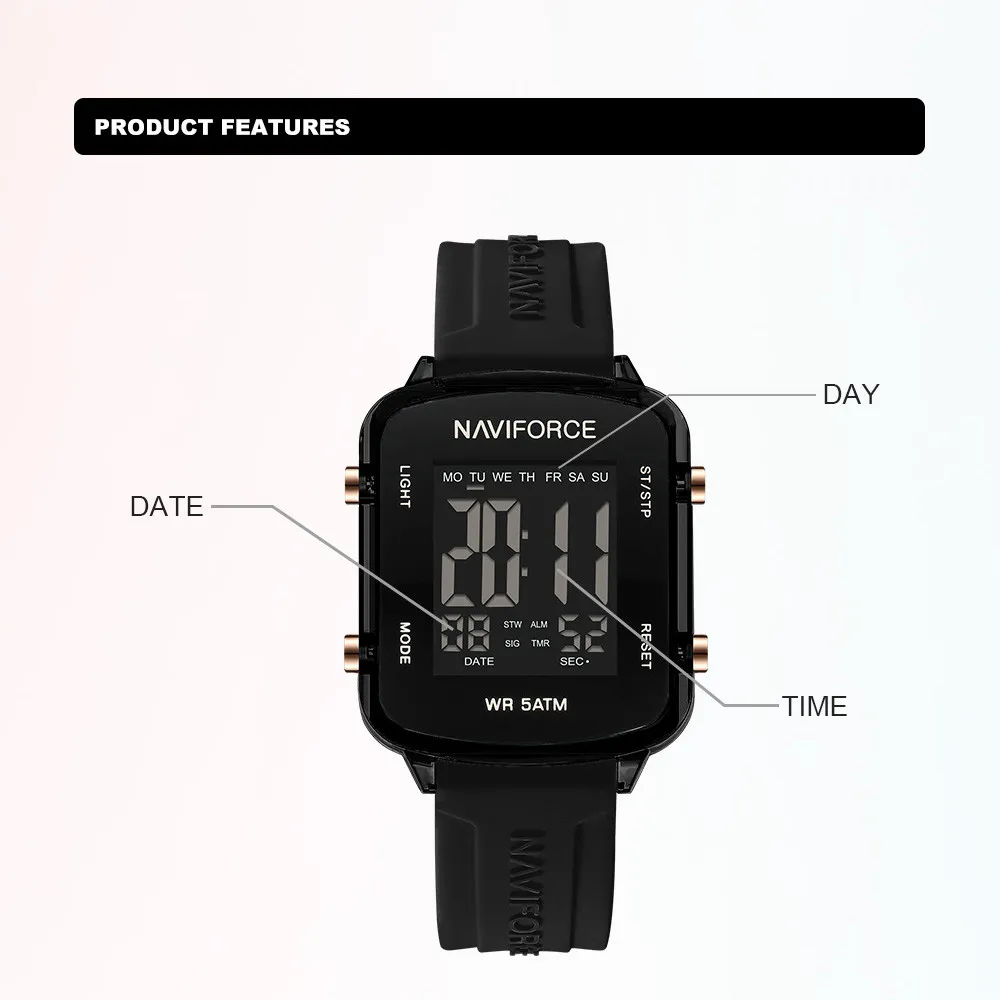 Ảnh Naviforce NF7120 Màn hình LCD chống nước thể thao dành cho nữ Lịch vuông đơn giản Dây đeo silicon điện tử Đồng hồ đeo tay nữ 4