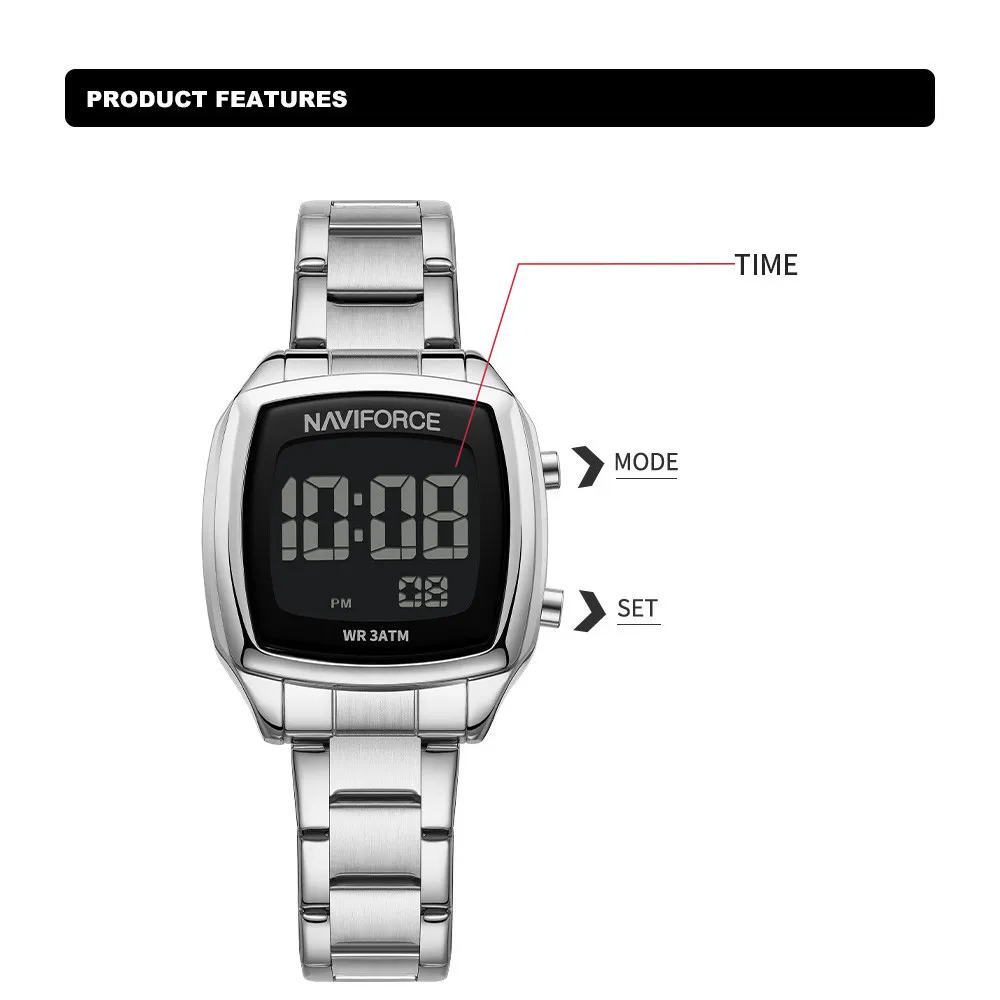 Ảnh Naviforce Nữ Đồng Hồ Điện Tử LCD Màn Hình Kỹ Thuật Số Dạ Quang Đồng Hồ Đeo Tay Nữ 3ATM Dây Thép Chống Thấm Nước Đồng Hồ Nữ 4
