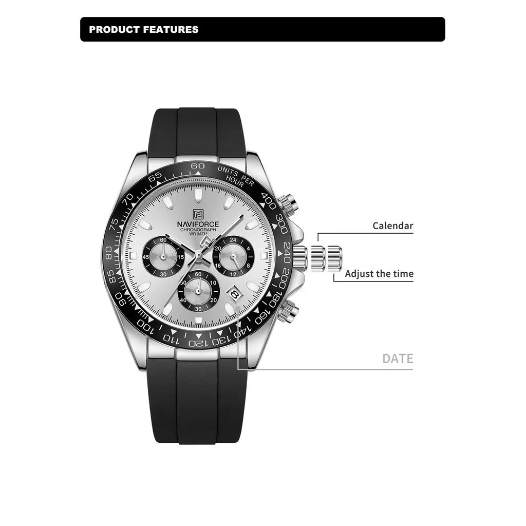 Ảnh Naviforce Đồng hồ nguyên bản dành cho nam Dây silicon thể thao thông thường Chronograph Đồng hồ đeo tay dạ quang 4