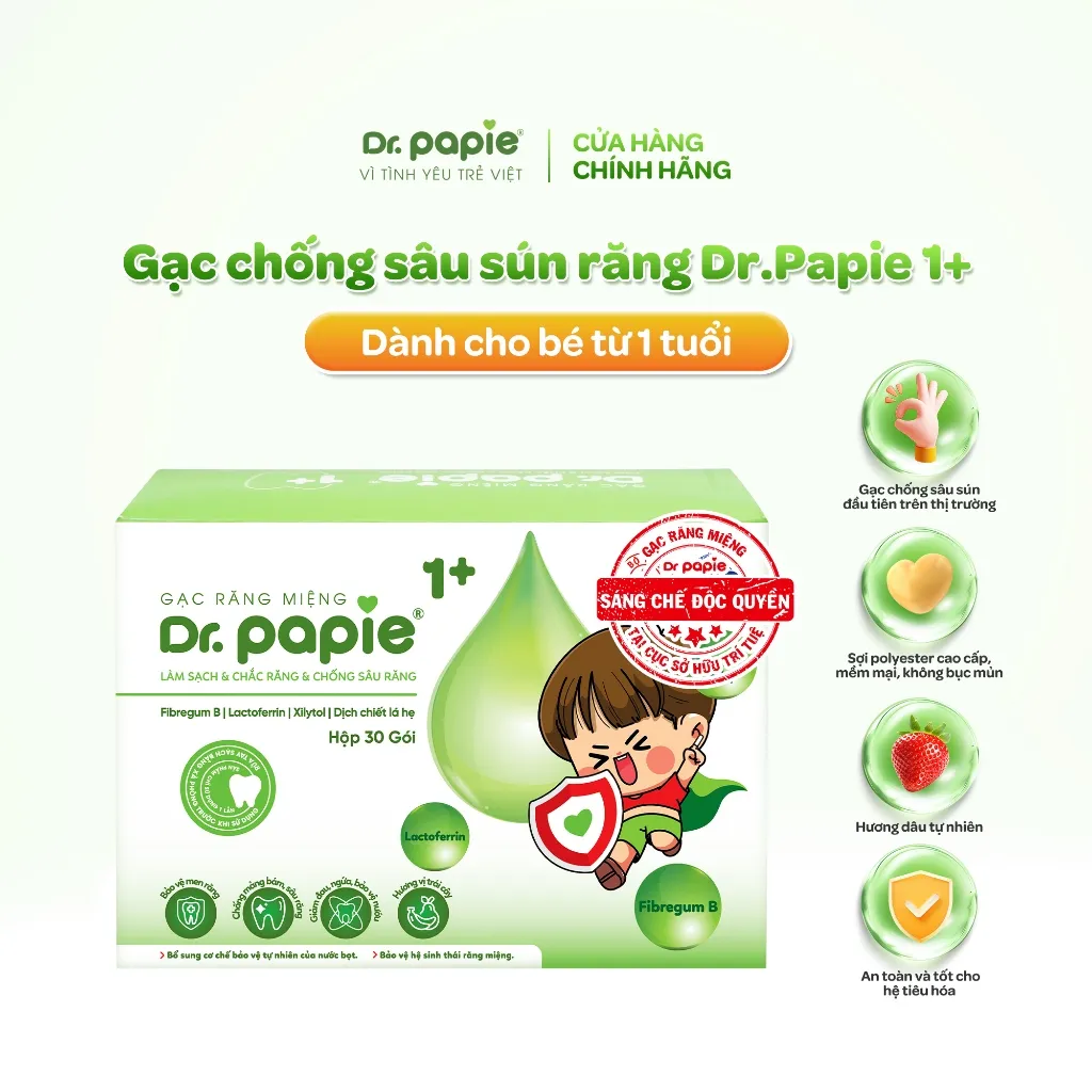 Ảnh [NEW] Gạc Chống Sún Răng DR.PAPIE 1+ Vệ Sinh Răng Miệng Cho Bé Từ 1 Tuổi  - 30Gói/Hộp 1