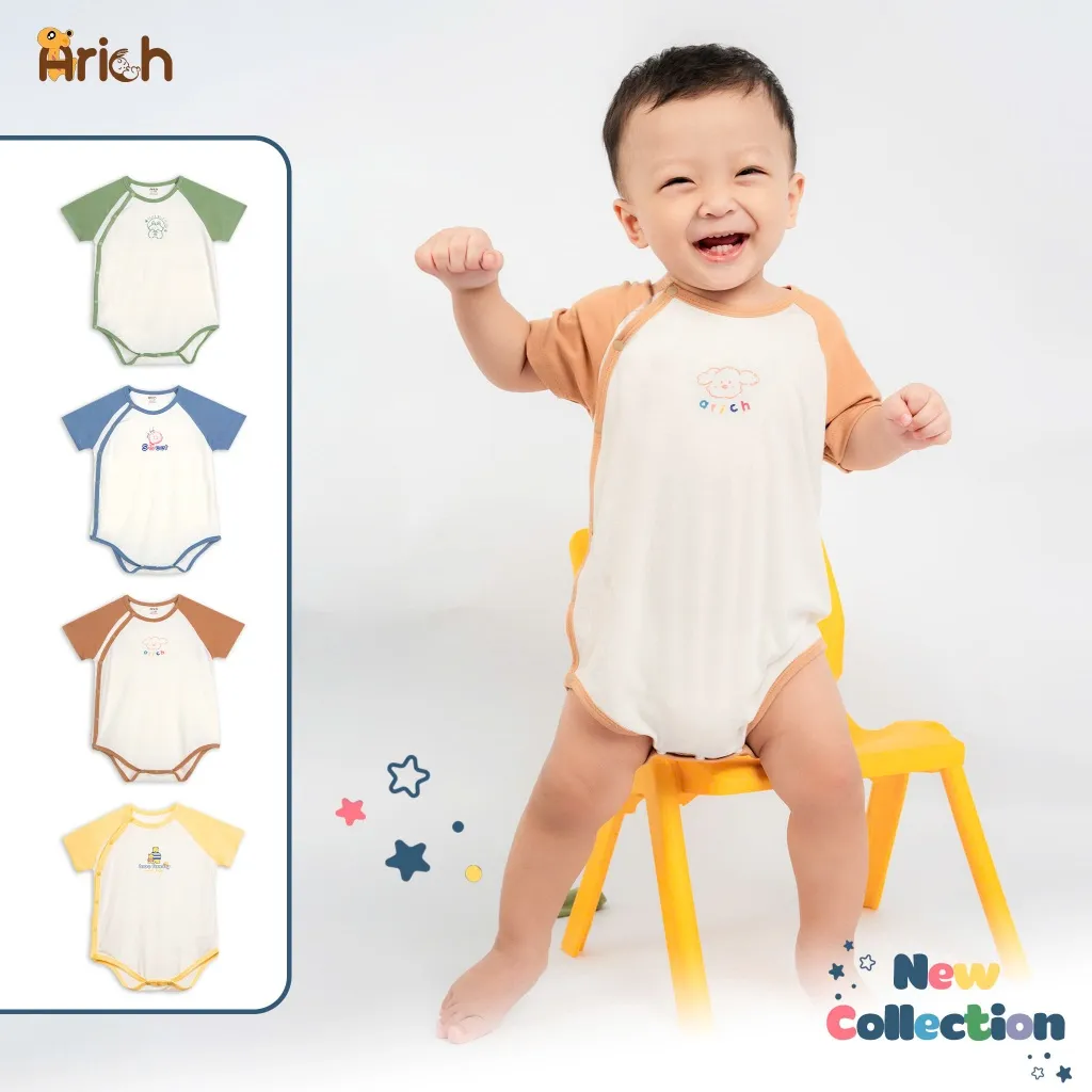 Ảnh Newborn - 18 tháng , Body chip cộc tay cài lệch Arich phối hình in cho bé trai, bé gái 1