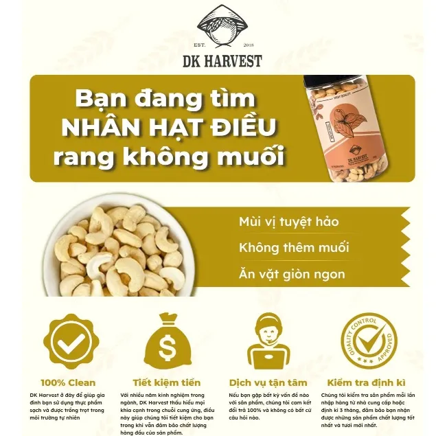 Ảnh Nhân Hạt Điều Rang Mộc DK Harvest 250g/500g - Không Gia Vị | Giàu Dinh Dưỡng, Tốt Cho Tim Mạch, Xây Dựng Cơ Bắp 2