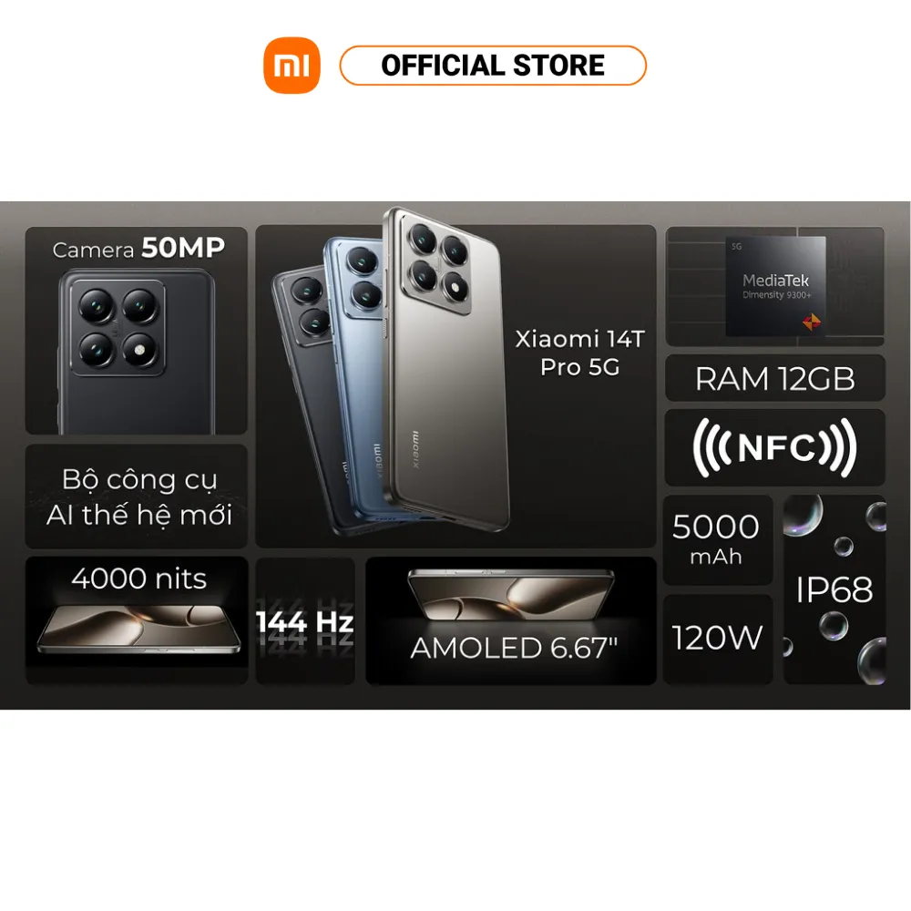 Ảnh [NHẬP MÃ XM500 GIẢM 500K] Điện thoại thông minh Xiaomi 14T Pro (12+512GB) | Light Fusion 900 | MD 9300+ | Pin 5000mAh 2