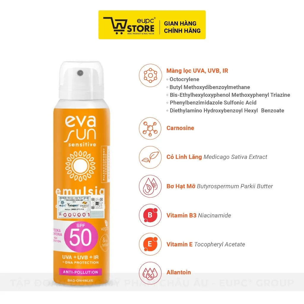 Ảnh Nhũ Tương Chống Nắng Chịu Nước Dạng Xịt SPF50 Eva Sun 120ml Dành Cho Da Nhạy Cảm EUPC STORE 2