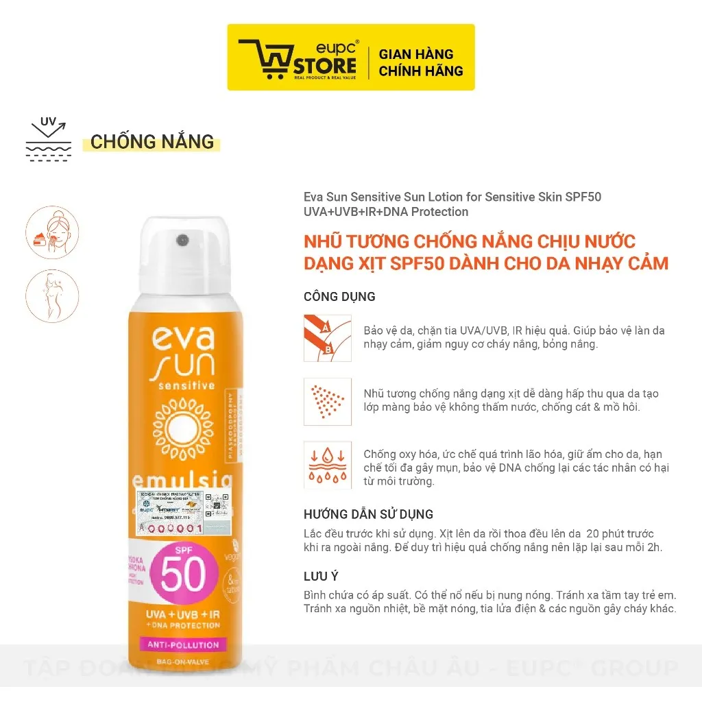 Ảnh Nhũ Tương Chống Nắng Chịu Nước Dạng Xịt SPF50 Eva Sun 120ml Dành Cho Da Nhạy Cảm EUPC STORE 3