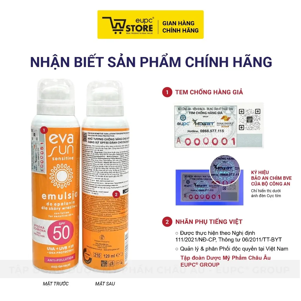 Ảnh Nhũ Tương Chống Nắng Chịu Nước Dạng Xịt SPF50 Eva Sun 120ml Dành Cho Da Nhạy Cảm EUPC STORE 4