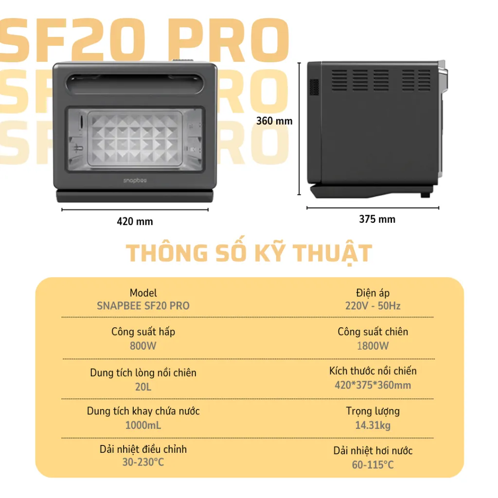 Ảnh Nồi Chiên Hơi Nước Snapbee SF20 PRO–Dung Tích 20L–Công Nghệ Đột Phá–56 Chế Độ Nấu–Phụ Kiện Inox 316 [Snap Kitchen] 3