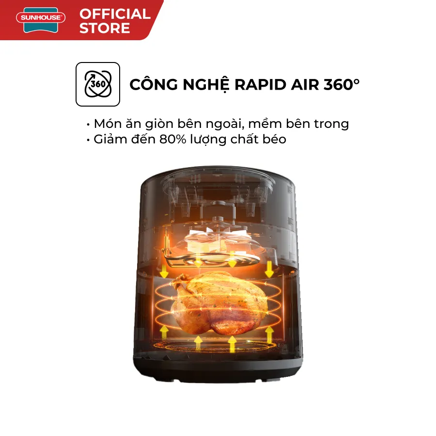 Ảnh Nồi chiên không dầu 6.5L SUNHOUSE SHD4030 - Công nghệ Rapid Air giảm tới 80% dầu mỡ - Khoang chiên trong suốt 4