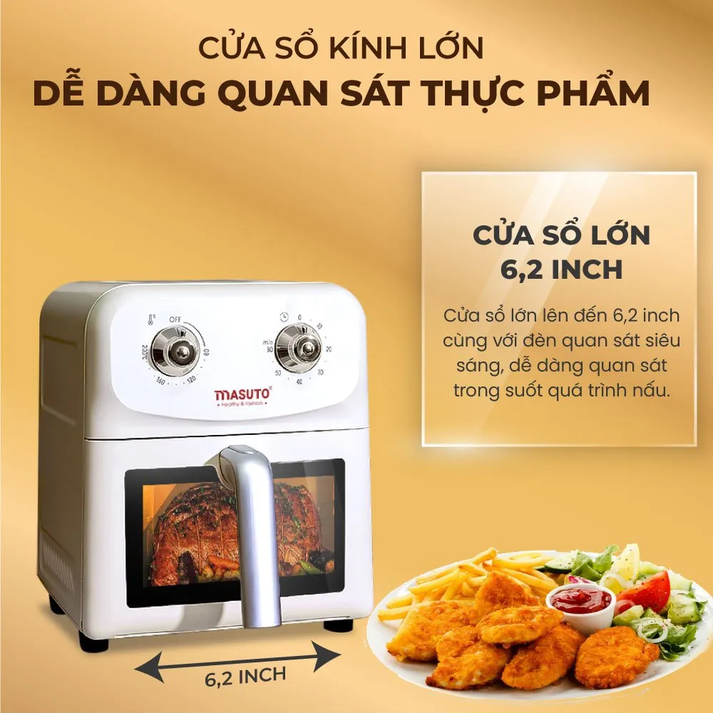 Ảnh Nồi Chiên Không Dầu Masuto MSChef 6L cửa sổ kính vỏ máy kim loại 1500W Đa Năng An Toàn Live 3