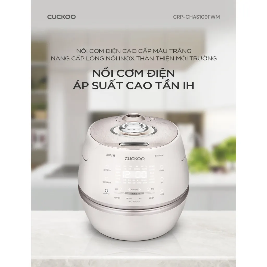 Ảnh Nồi cơm điện tử áp suất cao tần Cuckoo 1.8L CRP-CHAS109FW (Màu Trắng) - Lòng nồi INOX chống trầy xước - Cuckoovina 2