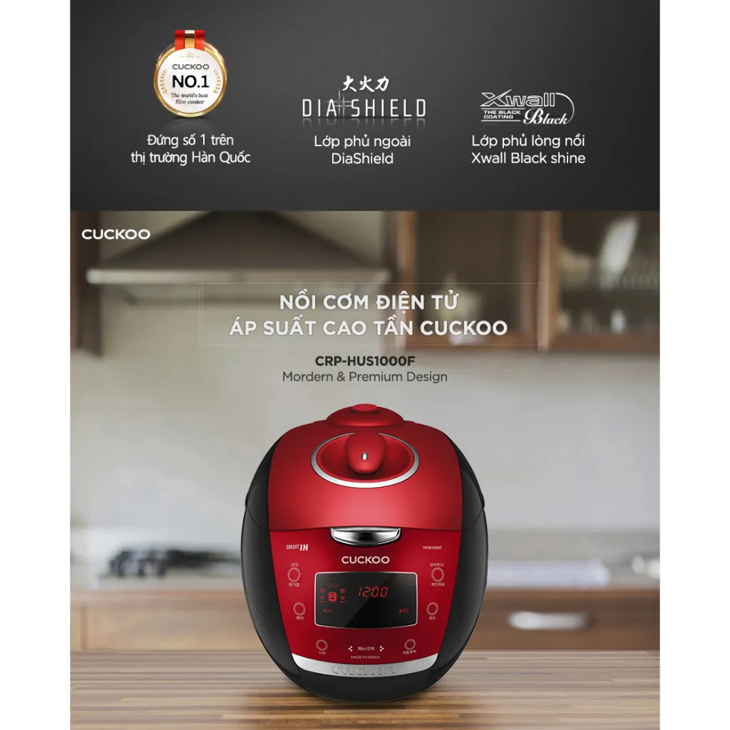 Ảnh Nồi cơm điện tử áp suất cao tần Cuckoo 1.8 lít CRP-HUS1000F màu đỏ- lòng nồi chống dính cao cấp phủ Xwall Black shine 2