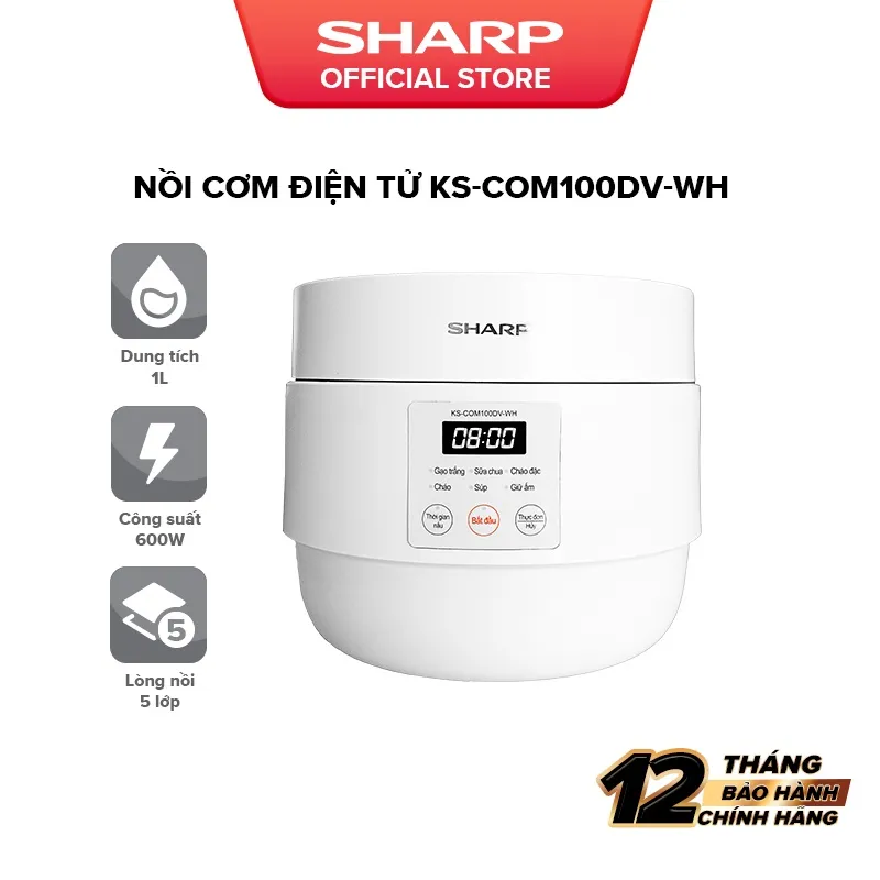 Ảnh Nồi Cơm Điện Sharp KS-COM100DV-WH 1L 600W [Hẹn giờ, mâm nhiệt 3D, 6 chức năng nấu 2