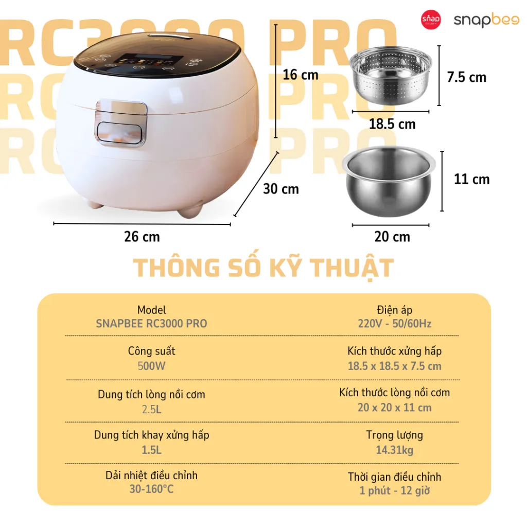 Ảnh Nồi Cơm Lòng Inox Vân Lục Giác Snapbee RC3000 Pro_Đa Năng_Cho Người Ăn Kiêng_Tiểu Đường [Snap Kitchen] 2