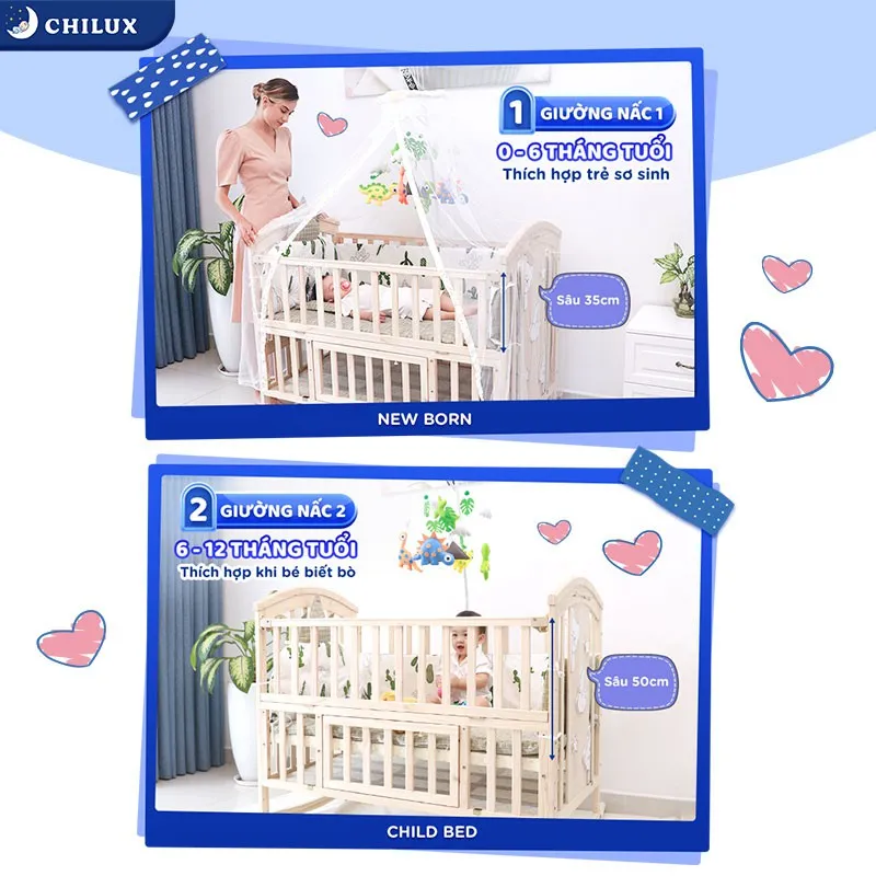 Ảnh Nôi cũi cho bé Chilux Peace Natural - Đa năng 6 chế độ tiện lợi cho mẹ và bé - Bảo hành 3năm 1