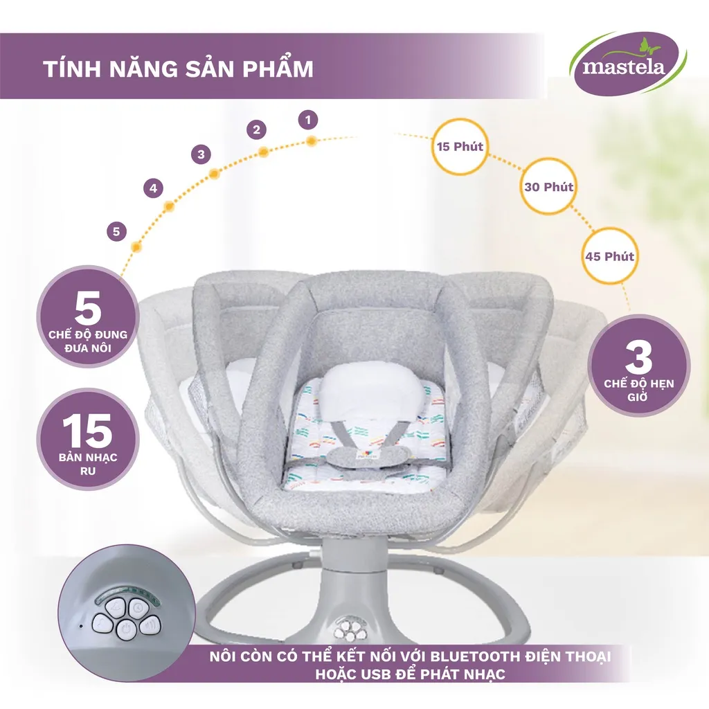 Ảnh Nôi điện cho bé điều khiển từ xa 5 chế độ đung đưa tự động Bluetooth nhạc trắng ru ngủ Mastela 3