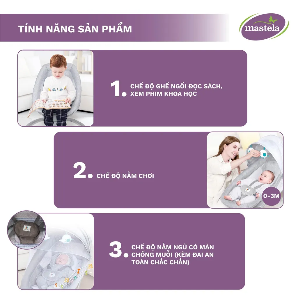 Ảnh Nôi điện cho bé điều khiển từ xa 5 chế độ đung đưa tự động Bluetooth nhạc trắng ru ngủ Mastela 4
