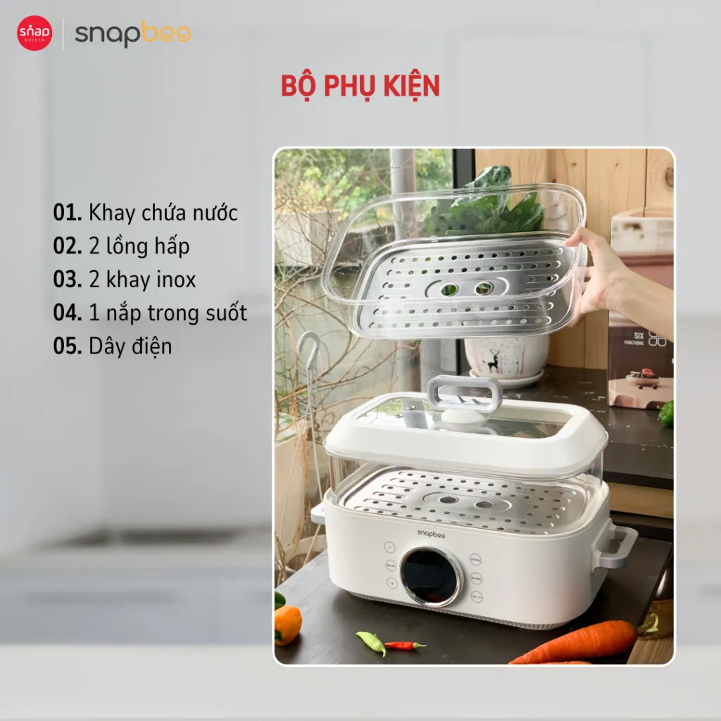 Ảnh Nồi Hấp Lẩu Điện 3 Tầng 20L SNAPBEE ST2000_5 Mức Nhiệt_Kháng Khuẩn_Không Gây Mùi [Snap Kitchen] 4