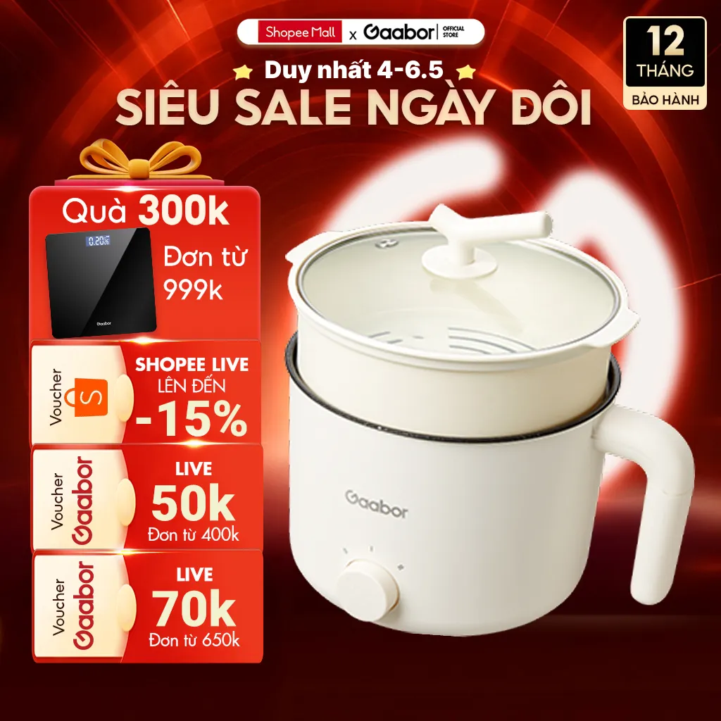 Ảnh Nồi điện đa năng Gaabor GR-N15A lẩu điện 1.5L chống dính công suất 600W ăn mì nấu lẩu kèm xửng hấp 1