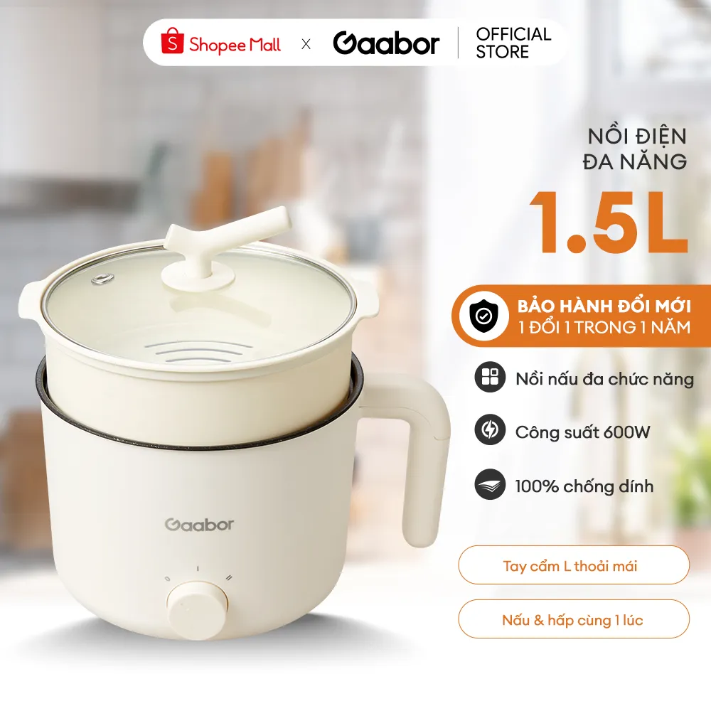 Ảnh Nồi điện đa năng Gaabor GR-N15A lẩu điện 1.5L chống dính công suất 600W ăn mì nấu lẩu kèm xửng hấp 2