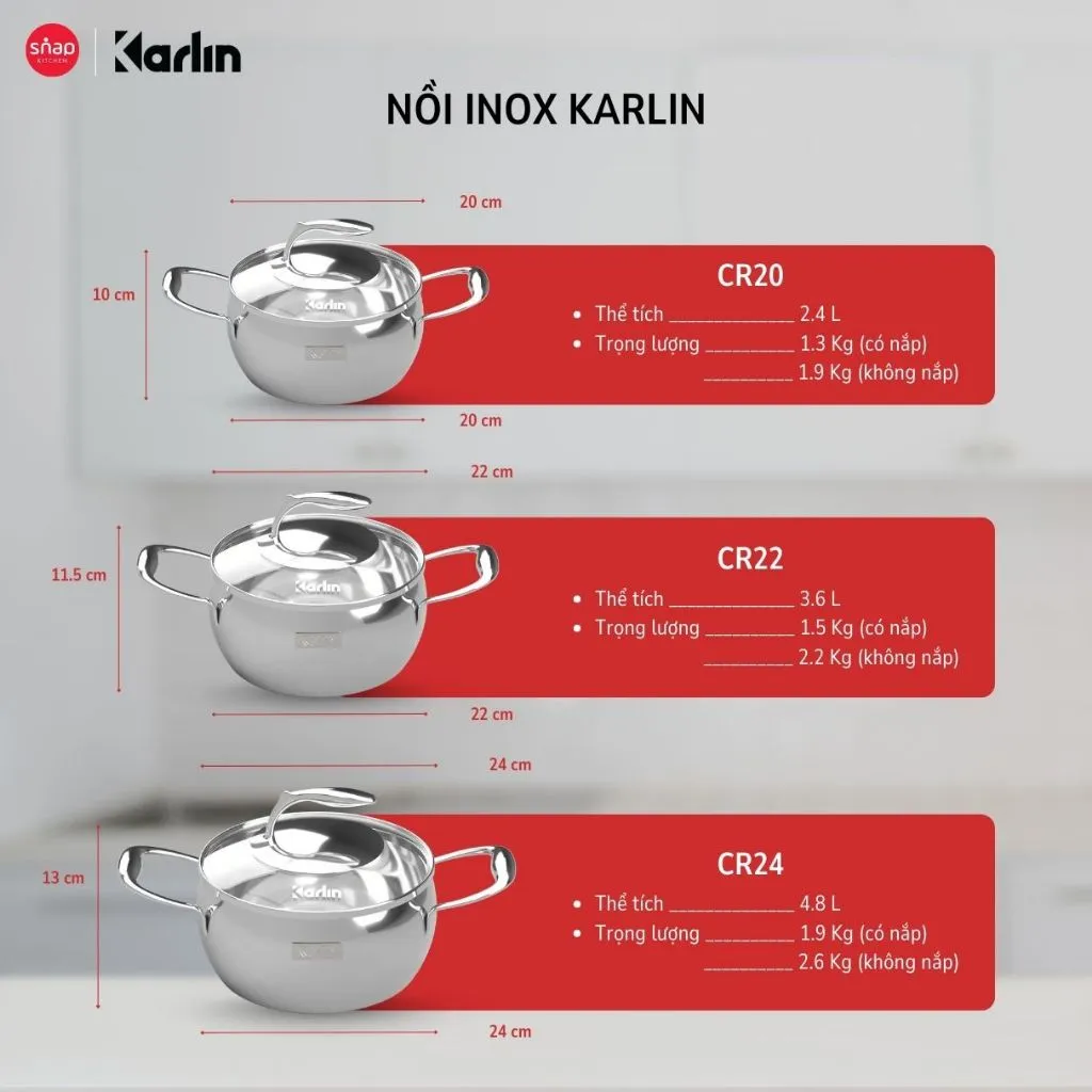 Ảnh Nồi Inox 316 Size 20 - 22 - 24 Đáy 5 Lớp KARLIN CR20 - CR22 - CR24_Chống Dính Tự Thân [Snap Kitchen] 2