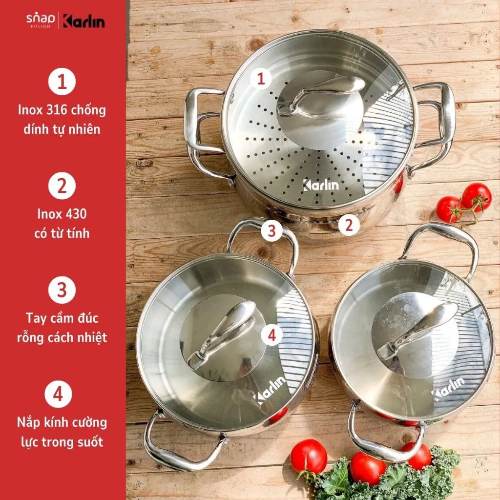 Ảnh Nồi Inox 316 Size 20 - 22 - 24 Đáy 5 Lớp KARLIN CR20 - CR22 - CR24_Chống Dính Tự Thân [Snap Kitchen] 3