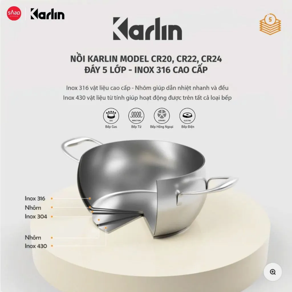 Ảnh Nồi Inox 316 Size 20 - 22 - 24 Đáy 5 Lớp KARLIN CR20 - CR22 - CR24_Chống Dính Tự Thân [Snap Kitchen] 4