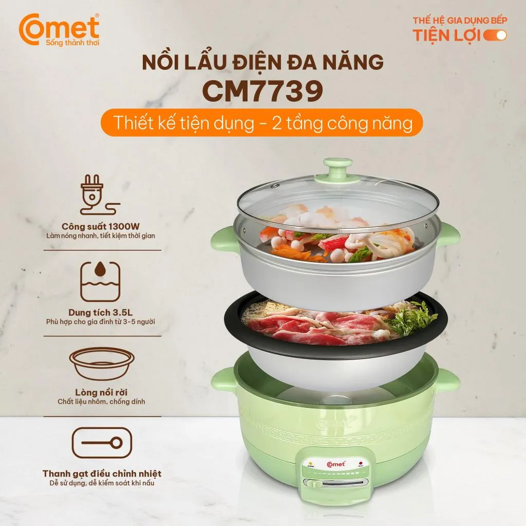 Ảnh Nồi lẩu điện 3.5L kèm xửng hấp lòng nồi tráng chống dính màu xanh bơ COMET - CM7739 1