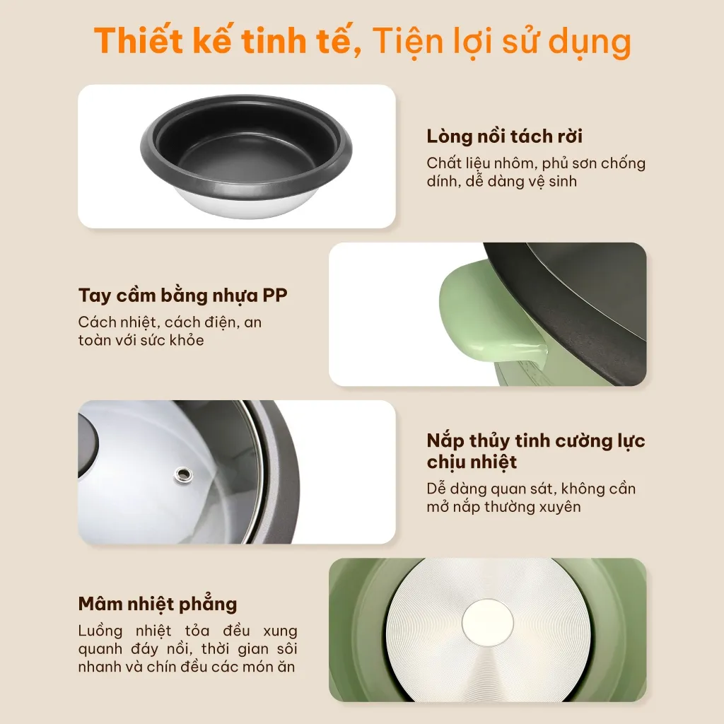 Ảnh Nồi lẩu điện 3.5L kèm xửng hấp lòng nồi tráng chống dính màu xanh bơ COMET - CM7739 3