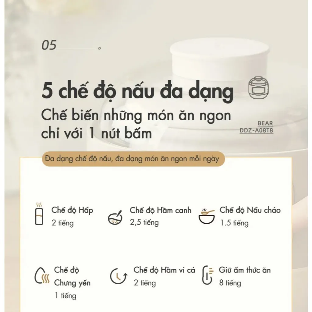 Ảnh Nồi Nấu Chậm Đa Năng 0.8L Bear DDZ-A08T8 (SC-4H08K) | Kèm xửng hấp - Nồi ăn dặm cho bé | Bảo Hành 18 Tháng 3