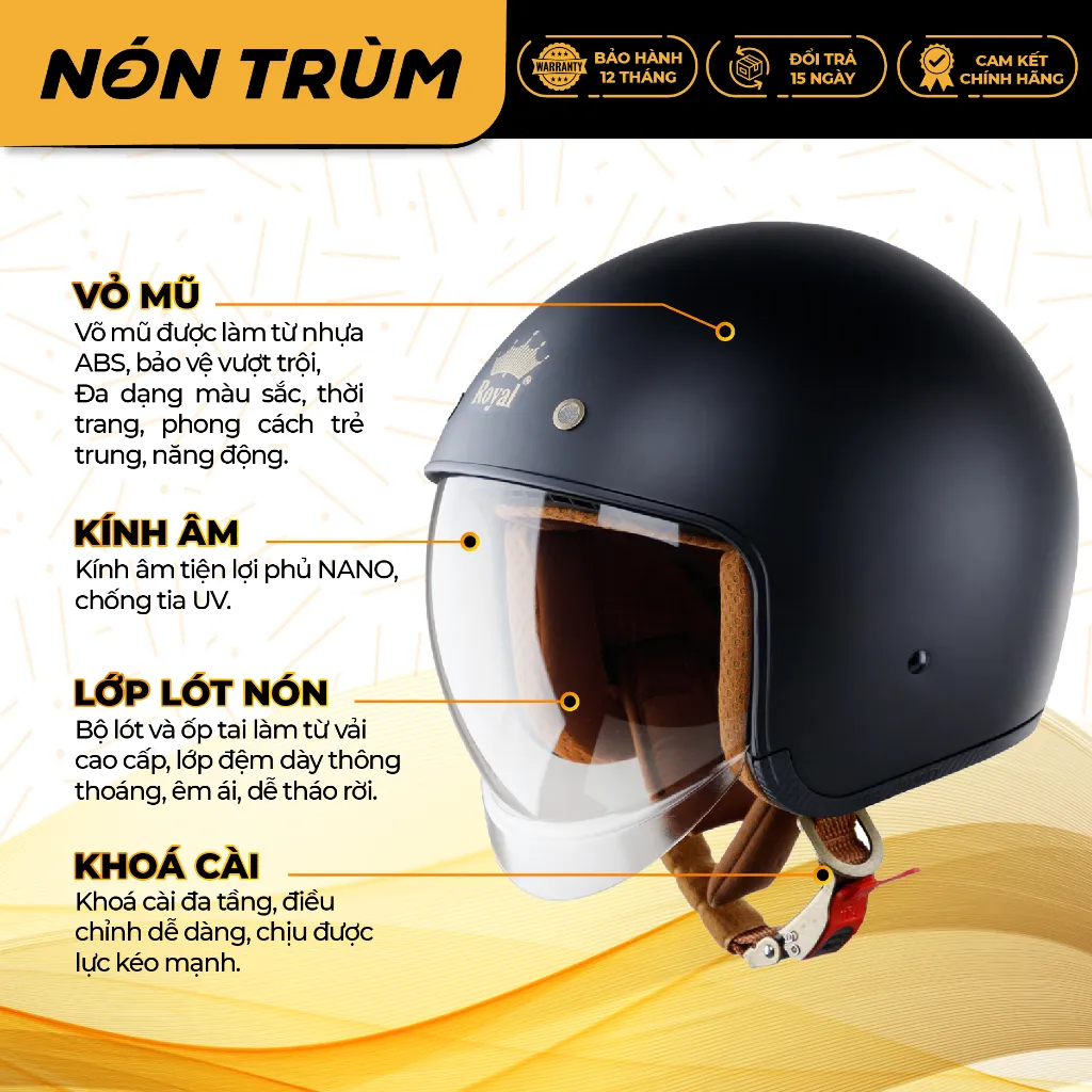 Ảnh Nón bảo hiểm 3/4 ROYAL M139 có kính âm màu vàng nghệ cam bóng 2