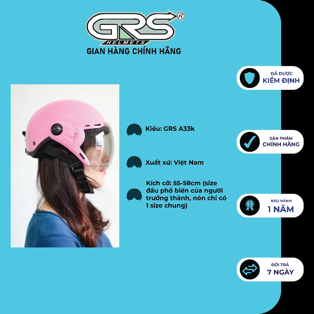 Ảnh Nón bảo hiểm nửa đầu cho nam nữ GRS A33k chính hãng nhiều màu 3
