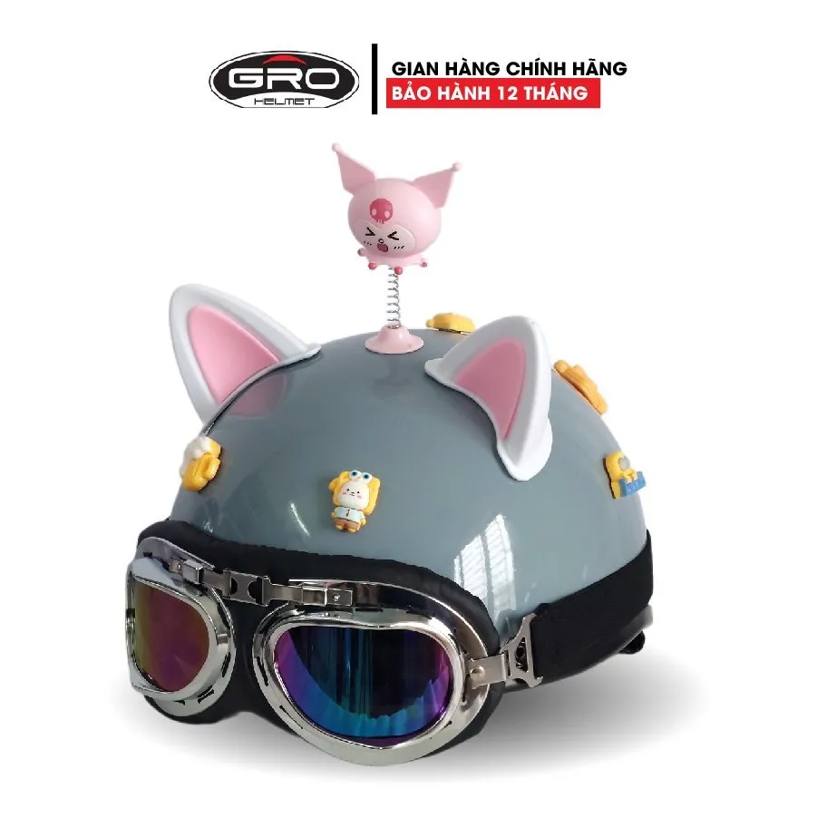 Ảnh Nón Bảo Hiểm Nửa Đầu gắn Kính Phi Công tai mèo, Charm 3D Dễ Thương kèm phụ Kiện Kuromi Gắn Mũ giá rẻ cho nam và nữ 1