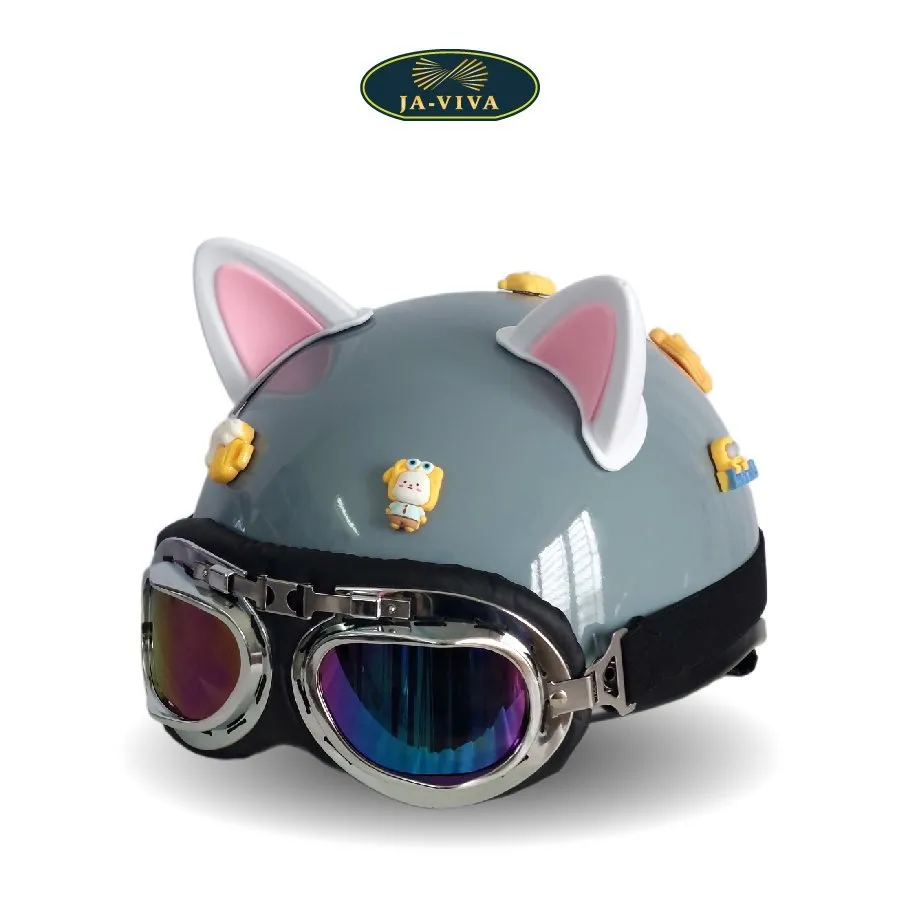 Ảnh Nón Bảo Hiểm Nửa Đầu gắn Kính Phi Công tai mèo, Charm 3D Dễ Thương kèm phụ Kiện Kuromi Gắn Mũ giá rẻ cho nam và nữ 2