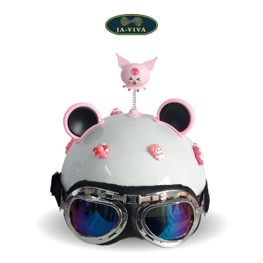 Ảnh Nón Bảo Hiểm Nửa Đầu gắn Kính Phi Công tai mèo, Charm 3D Dễ Thương kèm phụ Kiện Kuromi Gắn Mũ giá rẻ cho nam và nữ 4