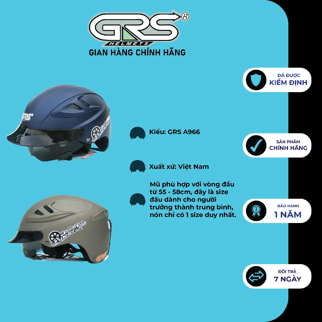 Ảnh Nón bảo hiểm nửa đầu GRS A966 kính giấu lưỡi trai (nhiều màu) 2