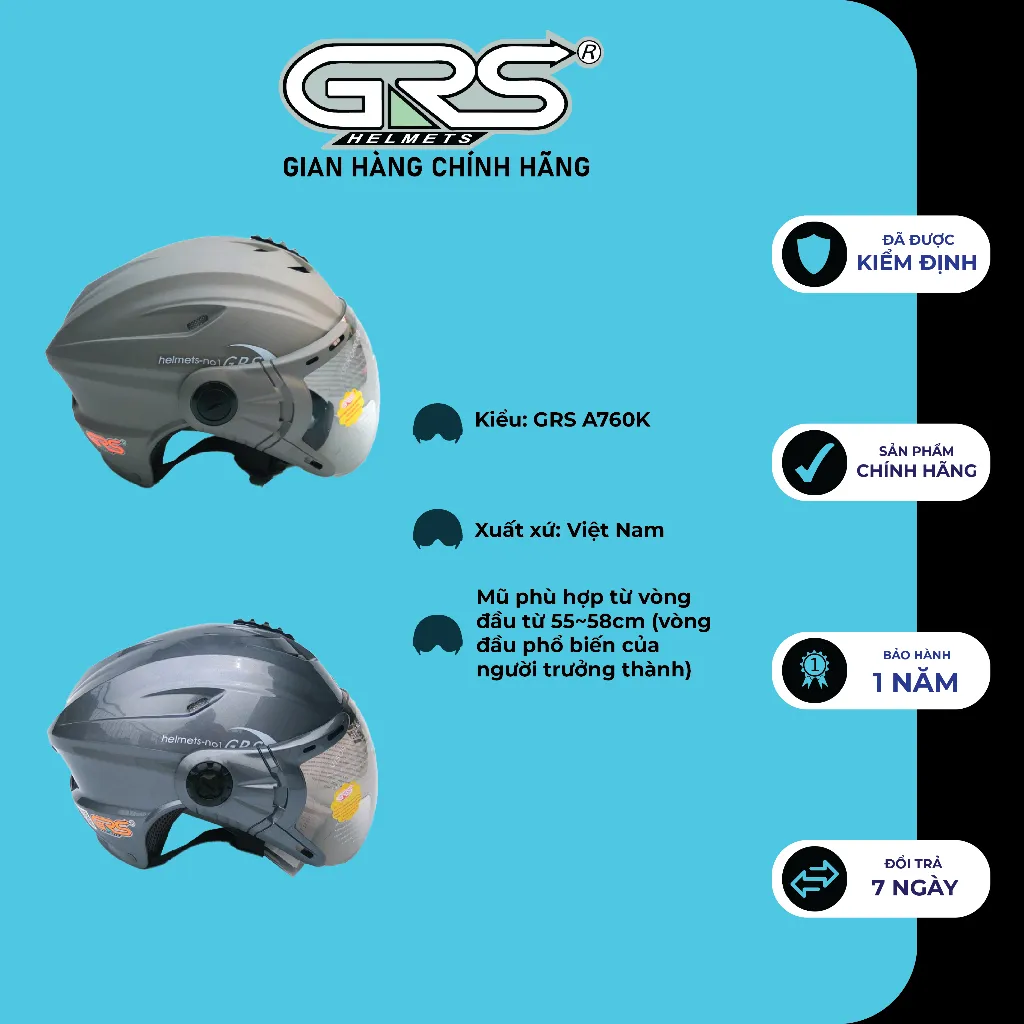 Ảnh Nón bảo hiểm nửa đầu kèm kính GRS A760K 2