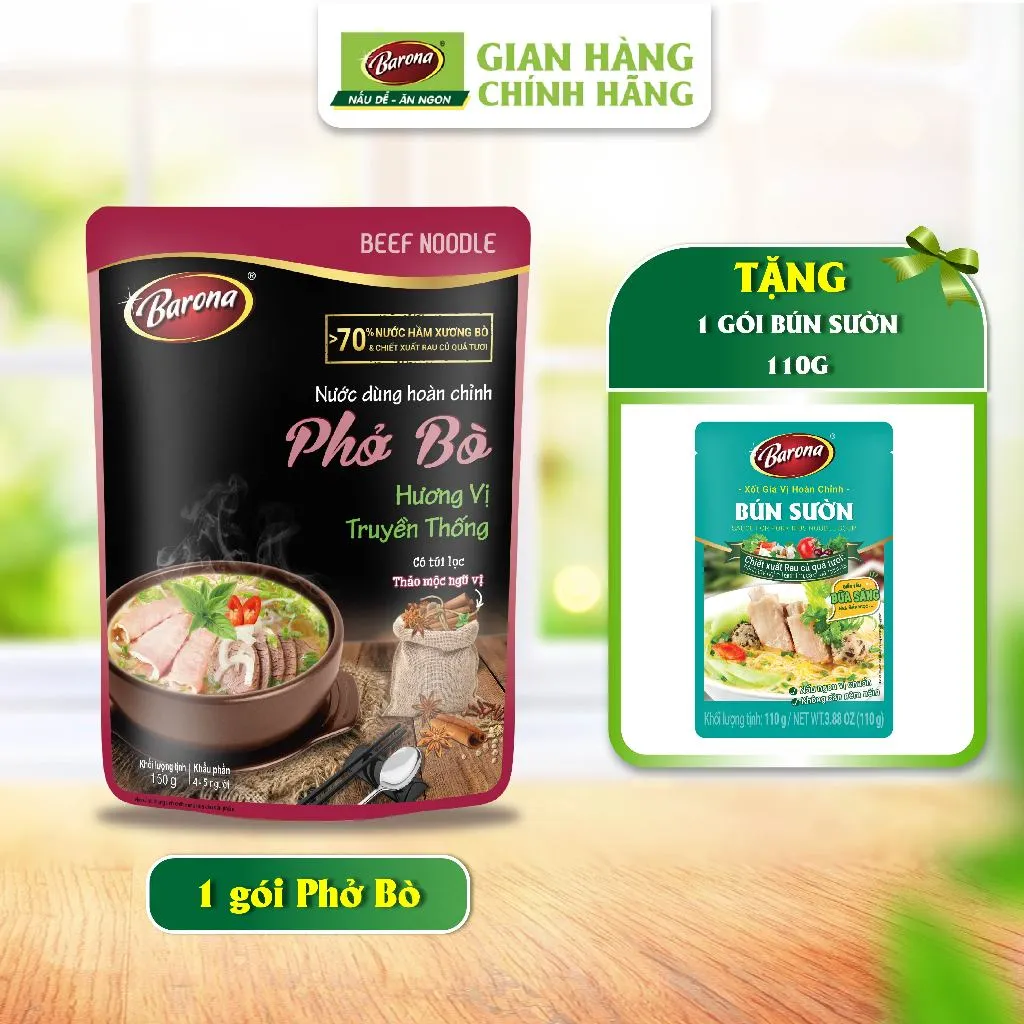 Ảnh Nước Dùng Phở Bò Barona 150g tươi ngon chuẩn vị không cần nêm nếm [Tặng 1 Gói Bún Sườn 110g, HSD:12/2025] 1