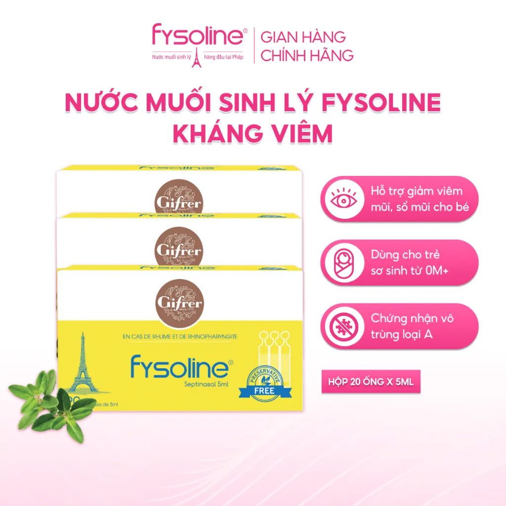 Ảnh Nước muối sinh lí Pháp FYSOLINE hỗ trợ kháng khuẩn, viêm mũi, sổ mũi cho bé - Hộp vàng 20 ống x 5ml 1