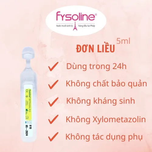 Ảnh Nước muối sinh lí Pháp FYSOLINE hỗ trợ kháng khuẩn, viêm mũi, sổ mũi cho bé - Hộp vàng 20 ống x 5ml 4
