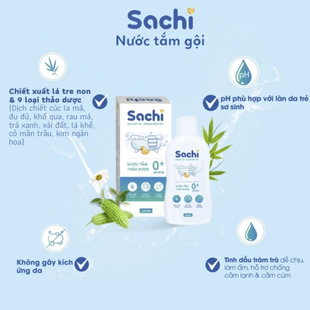 Ảnh Nước tắm thảo dược SACHI dịu mát da, phòng rôm sảy, mẩn ngứa, hăm tã, bảo vệ làn da cho bé hộp 10 gói x 10ml 2