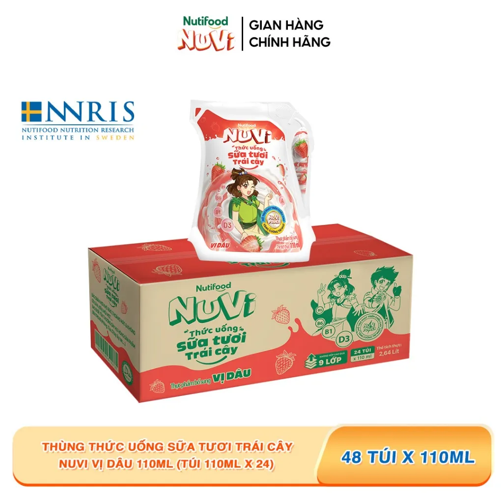Ảnh NuVi Thùng Thức Uống Sữa Tươi Trái Cây Vị Dâu 110ml (Túi 110ml x 24) 1