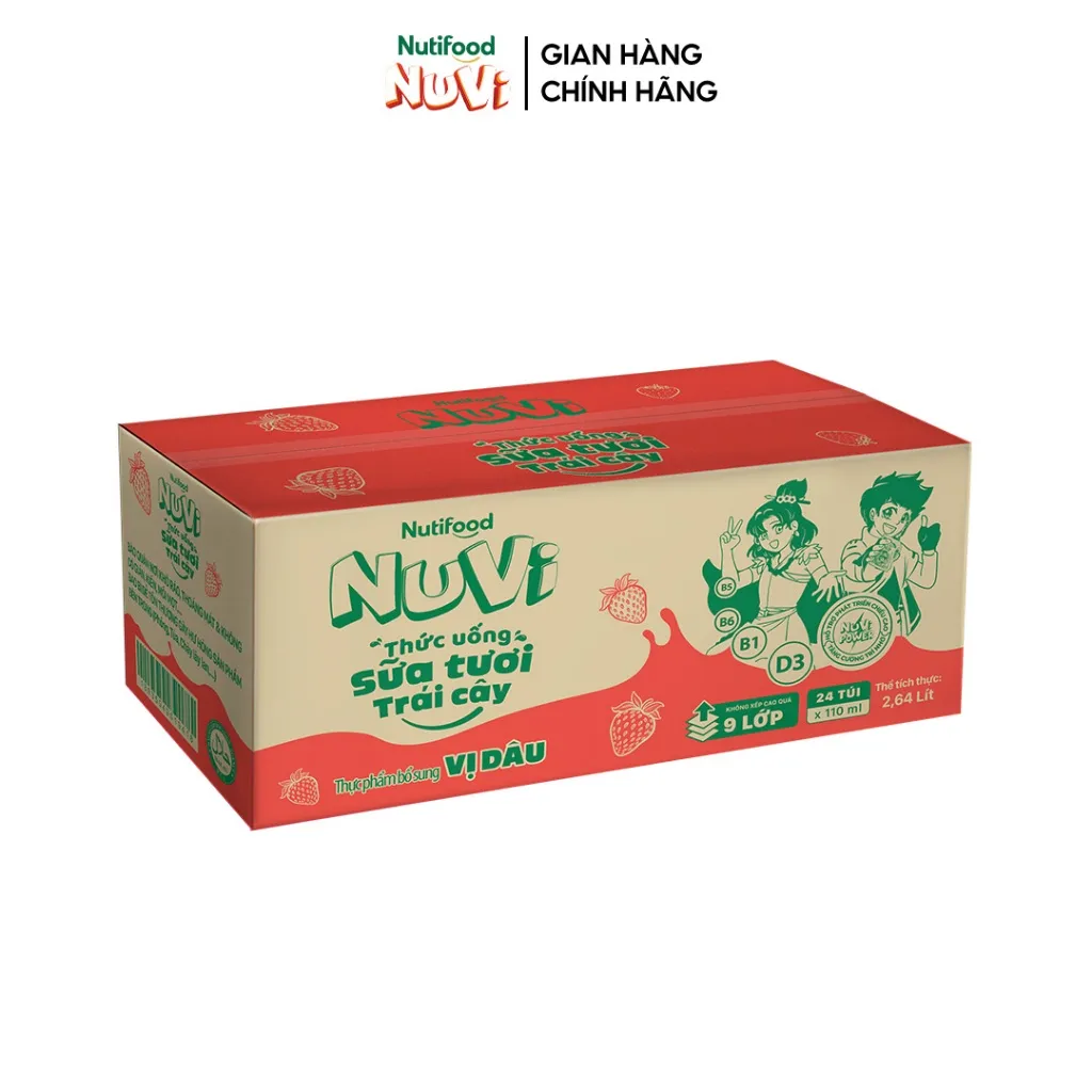 Ảnh NuVi Thùng Thức Uống Sữa Tươi Trái Cây Vị Dâu 110ml (Túi 110ml x 24) 3