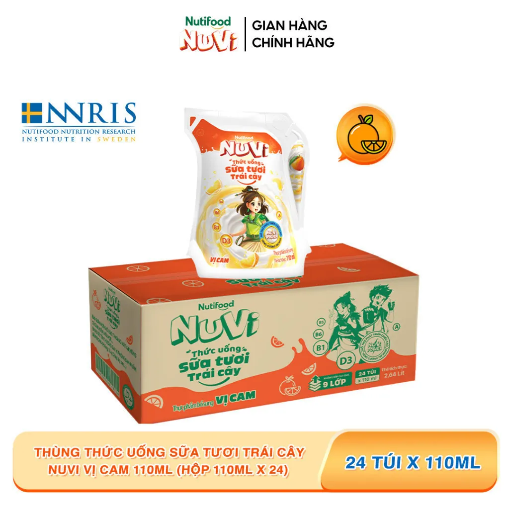 Ảnh NuVi Thùng Thức Uống Sữa Tươi Trái Cây Vị Cam 110ml (Túi 110ml x 24) 1