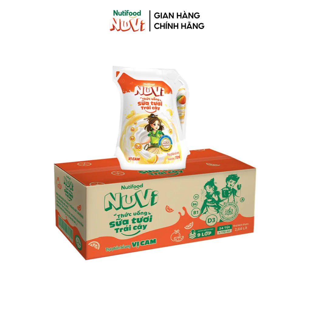 Ảnh NuVi Thùng Thức Uống Sữa Tươi Trái Cây Vị Cam 110ml (Túi 110ml x 24) 2