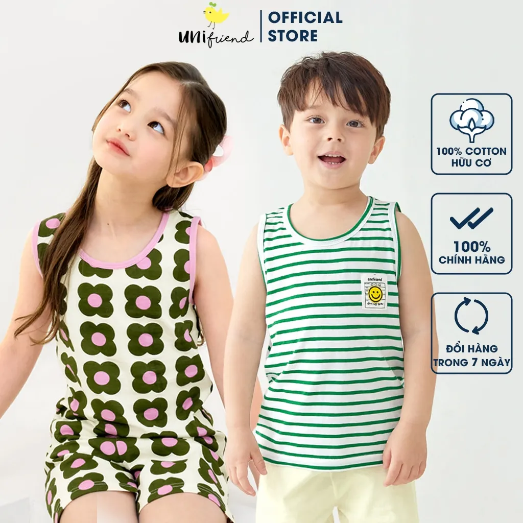 Ảnh Đồ bộ ba lỗ sát nách quần áo thun cotton mịn mặc nhà mùa hè cho bé gái và bé trai Unifriend Hàn Quốc U2023-38 1