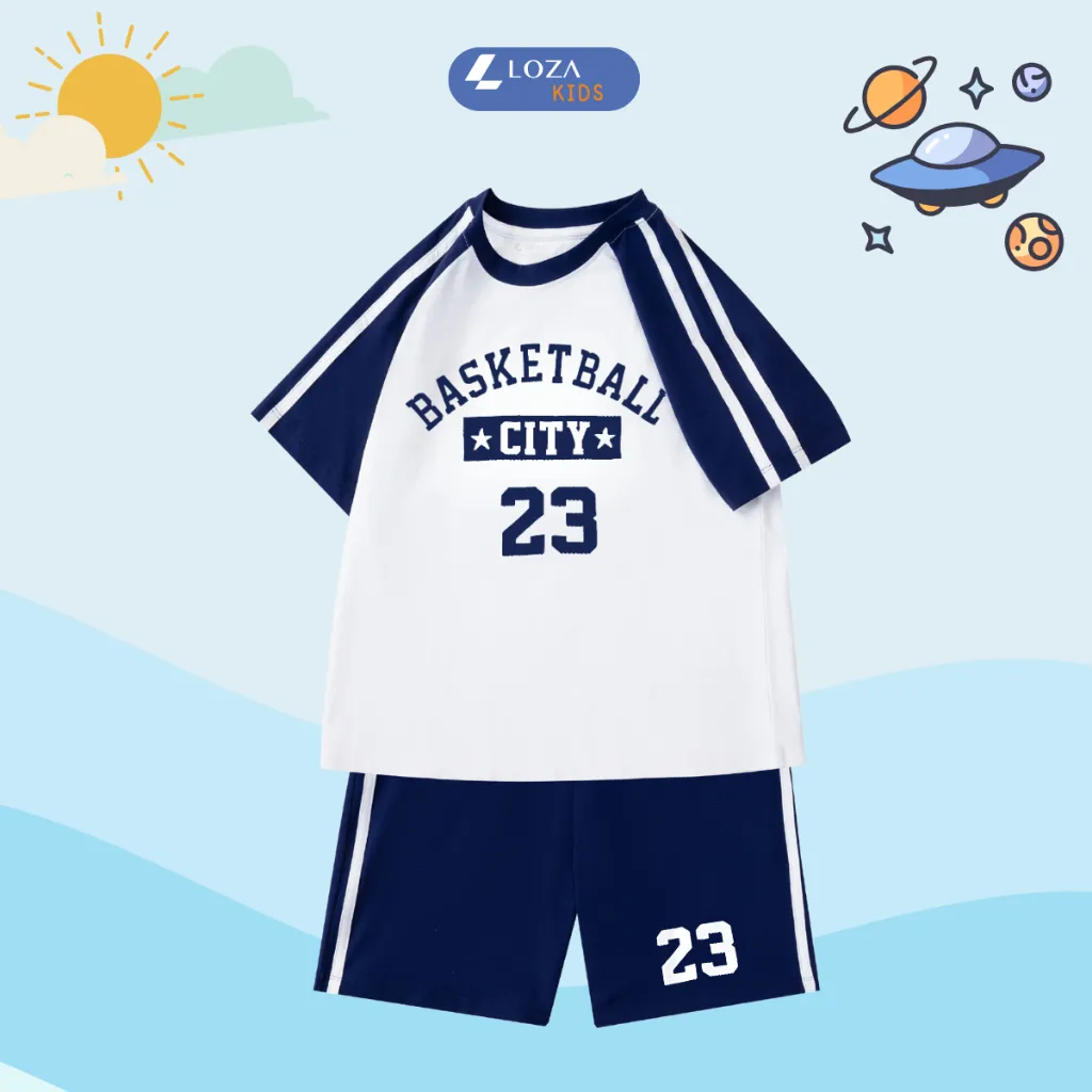 Ảnh Đồ bộ bé gái, bé trai phối viền in Basketball City 23 - Quần áo cho bé chất liệu thun cotton - Loza Kids BF255 1