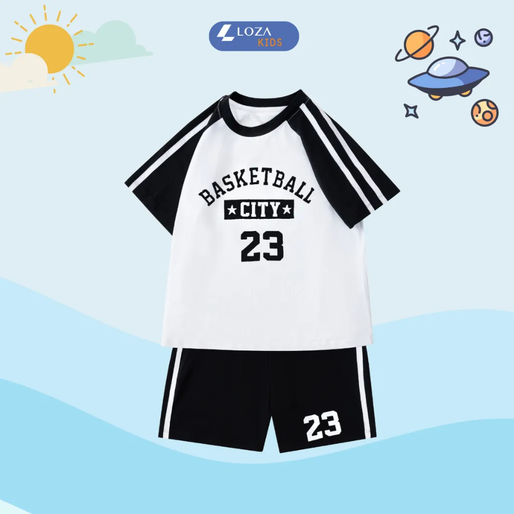 Ảnh Đồ bộ bé gái, bé trai phối viền in Basketball City 23 - Quần áo cho bé chất liệu thun cotton - Loza Kids BF255 2