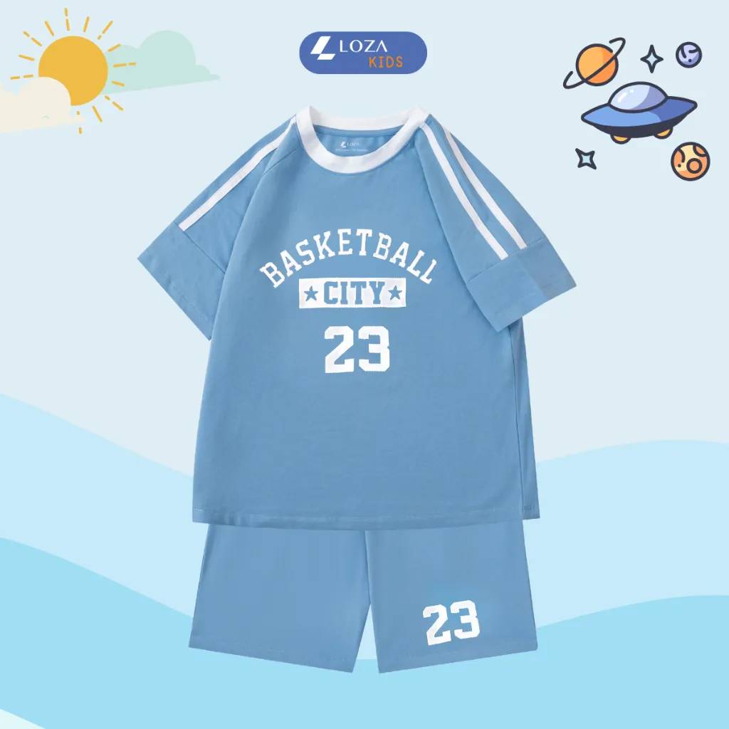 Ảnh Đồ bộ bé gái, bé trai phối viền in Basketball City 23 - Quần áo cho bé chất liệu thun cotton - Loza Kids BF255 3