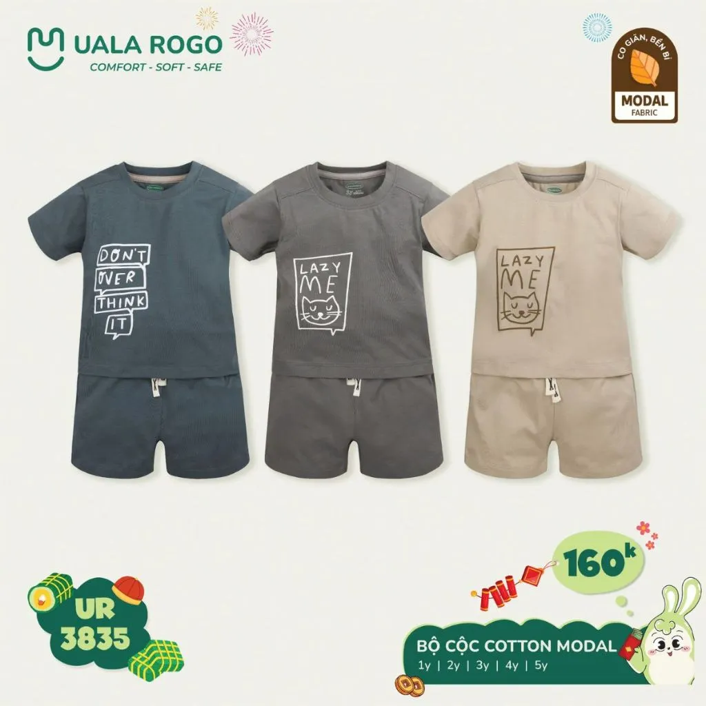 Ảnh Đồ bộ bé trai bé gái Ualarogo cộc tay mặc nhà 1-5 tuổi vải Cotton Modal thấm hút co giãn mềm mại 3835 2